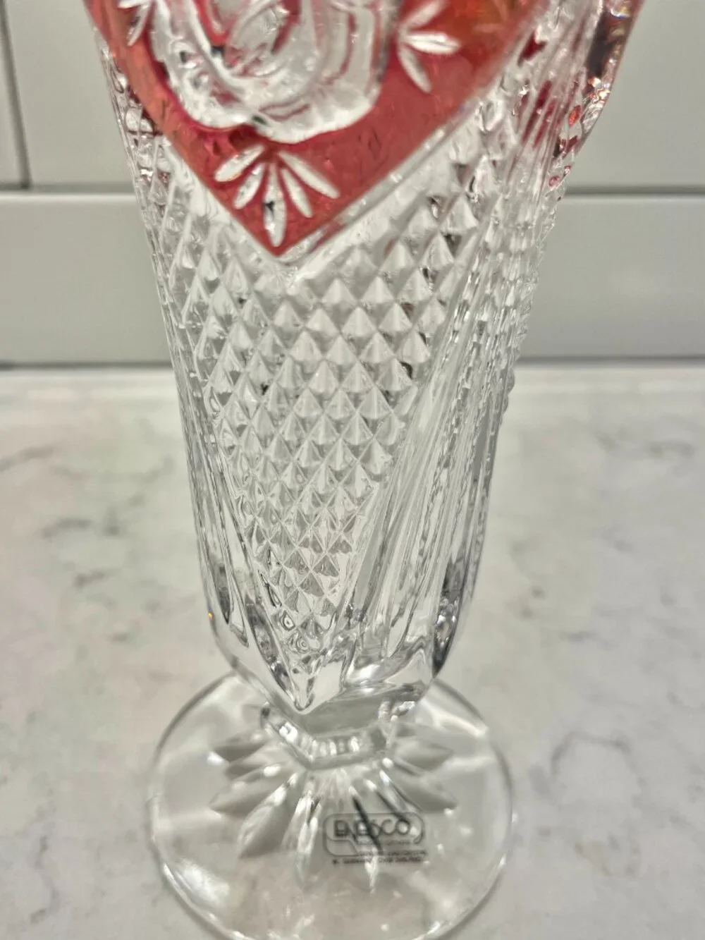 Vintage Enesco Lead Crystal Colored Heart Rose Vase, 8”H